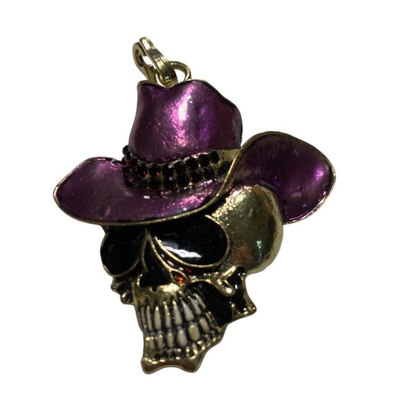 Purple Cowboy Hat Skull Pendant Necklace Charm Gold Tone Metal Rhinestone Accent - Picture 4 of 10